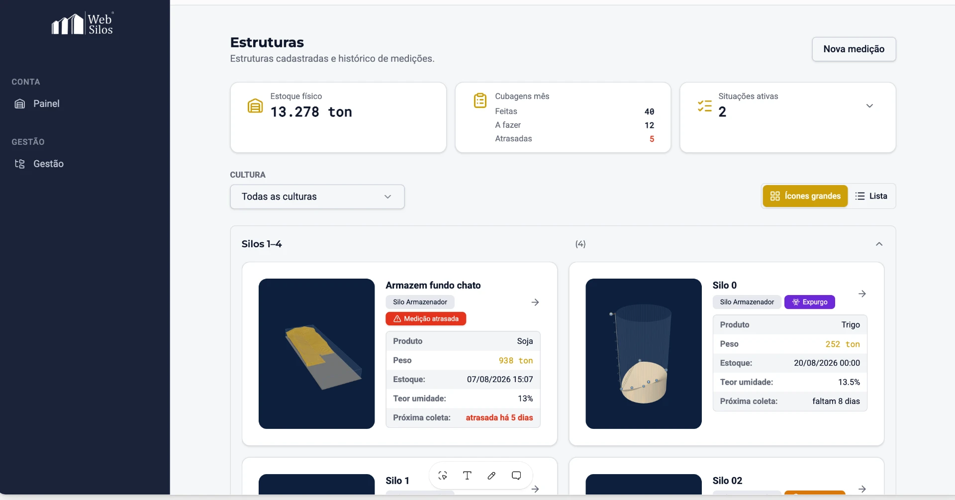 Painel da WebSilos mostrando estoque estimado, cubagens do mês e cards dos silos com modelo 3D
